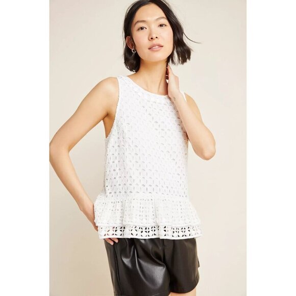 Maeve Anthropologie Monika Beaded Eyelet Peblum White Blouse M - Picture 1 of 4